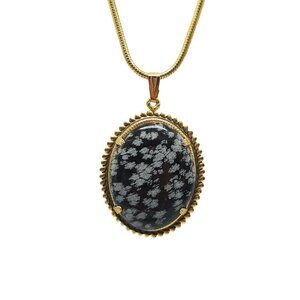Gold Tone Snake Chain Necklace With Oval Snowflake Obsidian Pendant Vintage